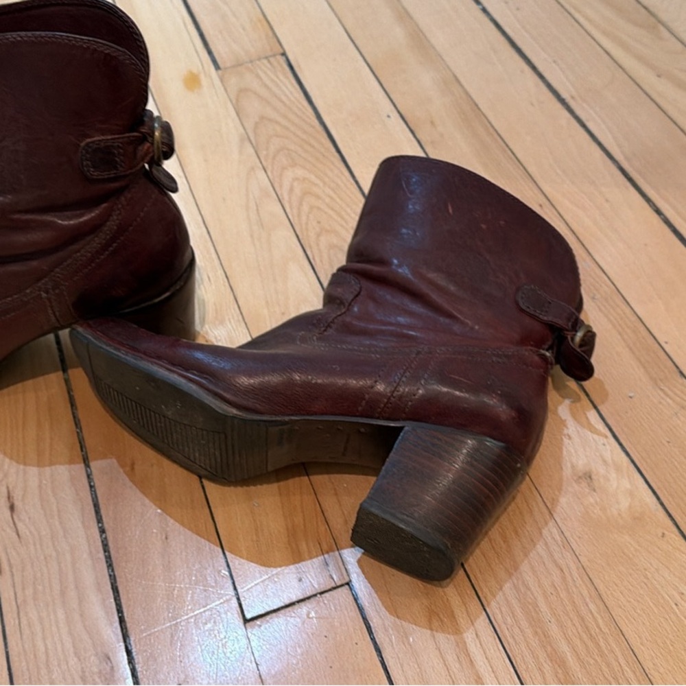 Frye Women's Burgundy Leather Ankle Booties with Block Heel and Buckle